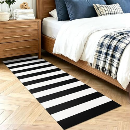 KOZYFLY Black White Striped Runner Rug 2x6 ft Woven Washable Hallway Runner - color: Black and White, size: 2' x 6' (Runner)