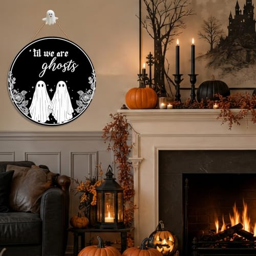 Gothic Decoration, Funny Couple 'Till We are Ghosts Wooden Hanging Sign - color: Black-ghost