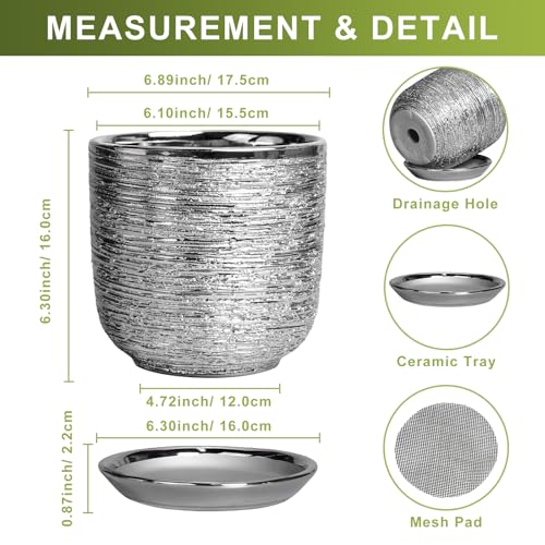 Ceramic Flower Pot, 7 Inch Ceramic Plant Pot, Silver - color: Silver, size: 7 Inch