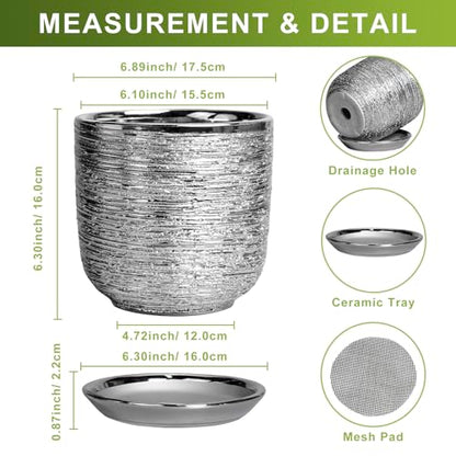 Ceramic Flower Pot, 7 Inch Ceramic Plant Pot, Silver - color: Silver, size: 7 Inch