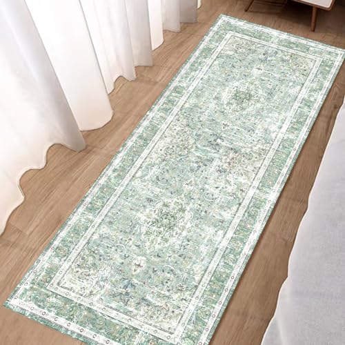 Vhong Boho Area Rugs Washable Runner Vintage Modern Neutral Carpet Sage Green 2×6 High Traffic Rugs for Kitchen Hallway Living Room Non Slip - color: Sage Green, size: 2' x 6' (Runner)