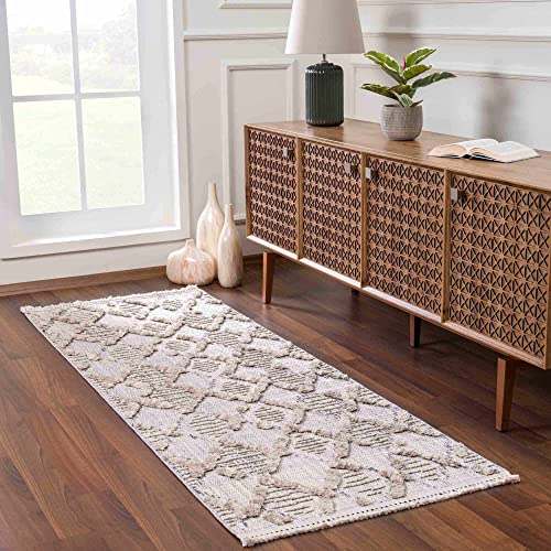 Hauteloom Atria Farmhouse Living Room Bedroom Moroccan Trellis Area Rug - Soft Shaggy High Low Carpet - High Pile - Bohemian, Boho - Gray, Beige, Cream - 6'7" x 9' - color: Charcoal, Cream, Beige / Bogtong, size: 6'7" x 9' (Rectangular)