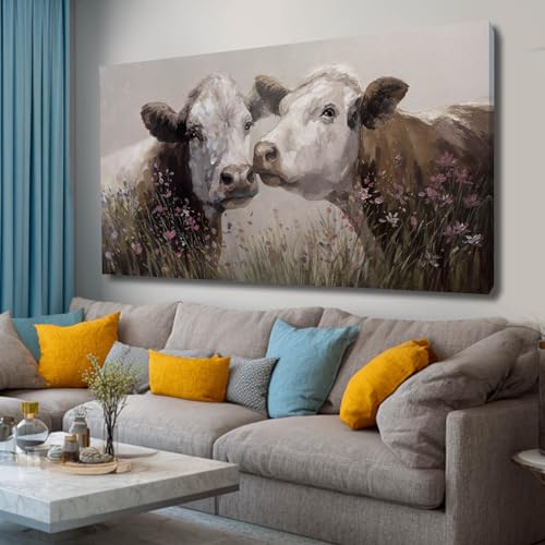 White and Brown Animals Prints for Wall Decor Cows Framed Canvas Pictures for Bedroom Landscape Wall Art for Living Room Office 29"x 58" Large Art - color: Brown, size: 58"L x 29"W