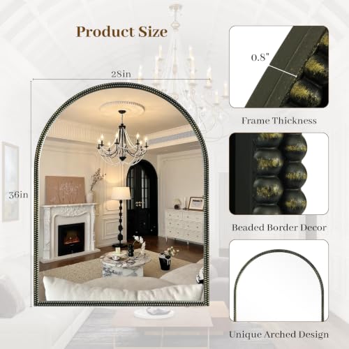 HOMECOOKIN Black Vintage Arched Mirror, 36x28 Inch Vanity Wall Mirror with Antique Metal Beaded Ornate Frame, Baroque Decorative Mirror for Bathroom, Living Room, Fireplace, Entryway - color: Black-a, size: 36"L x 28"W