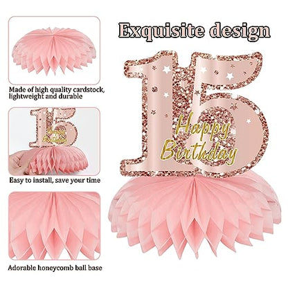 Turypaty Happy 15th Birthday Honeycomb Table Centerpieces Decorations Girls - style: Pink Rose Gold 15th