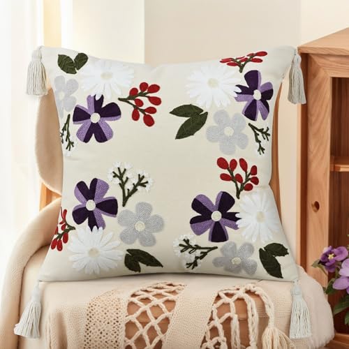 Floral Embroidered Pillow Covers 18x18 Inch Set of 1, White Purple - color: Blooming Daisy