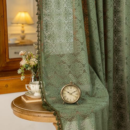 Sheer Boho Lace Curtains 84 Inches Long, Olive Green, Set of 2 Panels - color: Olive Green, size: 59"W x 84"L (Pack of 2)