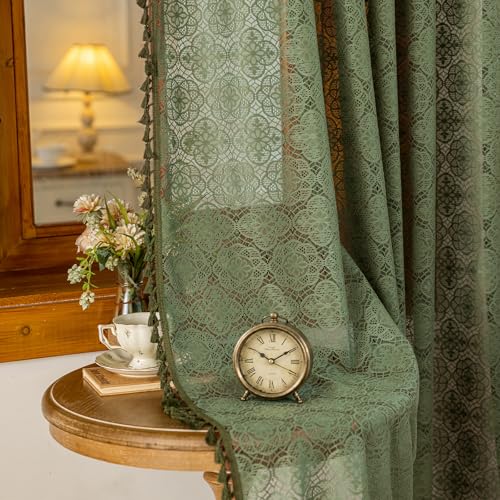 Sheer Boho Lace Curtains 84 Inches Long, Olive Green, Set of 2 Panels - color: Olive Green, size: 59"W x 84"L (Pack of 2)
