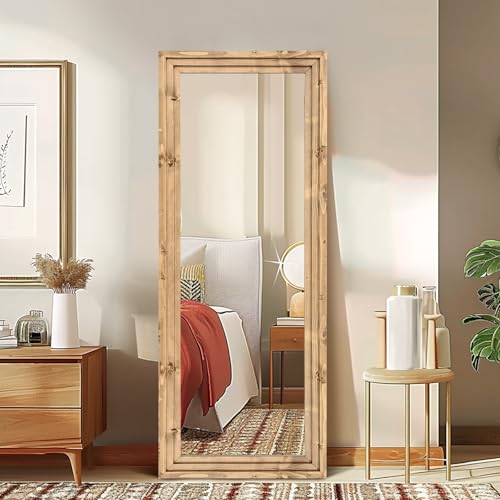58x22in Full Length Mirror, 3-Tier Stepped Solid Wood Frame - color: Light Brown, size: 58"L x 22"W