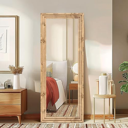 58x22in Full Length Mirror, 3-Tier Stepped Solid Wood Frame - color: Light Brown, size: 58"L x 22"W