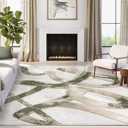 Abani Beige Cream Green Graffiti Washable Area Rug – 2' x 3' – Abstract Artistic Design – Ivy Collection – Non-Shedding, Easy to Clean – Durable for High Traffic Areas – Living Room & Bedroom - size: 2' x 3' (Rectangular)
