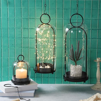 5"x7.5" Versatile Modern Metal Hurricane Lantern with Handmade Sturdy Glass Dome in Black for 3" Pillar Candle & Plants, Industrial, Farmhouse - color: Black, size: 5"x7.5"