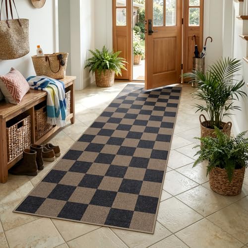 Lahome Checkered Easy Jute Kitchen Runner Rug, 2x8 Outdoor Rugs Washable - color: Chocolate Brown/Checkerboard -1, size: 2'6" x 8' (Runner)