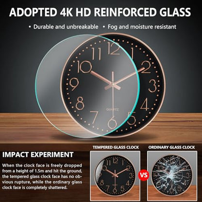 Modern Silent Wall Clock - 12 Inch Wall Clocks Battery Operated Large Number, Non-Ticking Analog Clock with Tempered Glass Quartz Clocks for Living Room Bedroom Office Kitchen, Black Rose Gold - color: Black Rose Gold, size: 12 Inch