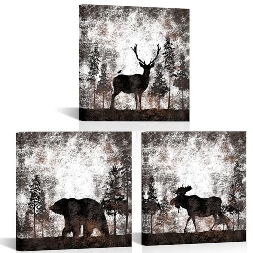 HOMEOART Bear Elk Moose Canvas Wall Art Animal in Forest Rustic Decor Picture Framed Canvas Print Farmhouse Cabin Lodge Home Wall Decor 12"x12"x3 Pieces