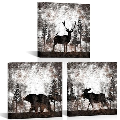 HOMEOART Bear Elk Moose Canvas Wall Art Animal in Forest Rustic Decor Picture Framed Canvas Print Farmhouse Cabin Lodge Home Wall Decor 12"x12"x3 Pieces