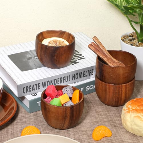 4 Pack Acacia Wooden Bowl with 4 Pcs Spoon Wooden Dipping Bowls Round Wood Salad Hand Carved Calabash Dip Tray for Condiments, Jam, Nuts, Appetizer, Snack, Yogurt, Ketchup, Barbecue Sauce(3 Inch) - size: 3 Inch