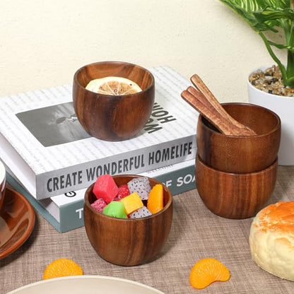 4 Pack Acacia Wooden Bowl with 4 Pcs Spoon Wooden Dipping Bowls Round Wood Salad Hand Carved Calabash Dip Tray for Condiments, Jam, Nuts, Appetizer, Snack, Yogurt, Ketchup, Barbecue Sauce(3 Inch) - size: 3 Inch