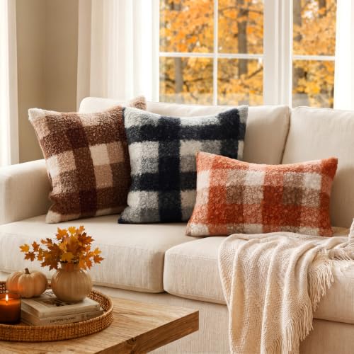 MIULEE Fall Plaid Pillow Covers Boucle Black White 20x20 Set of 2 - color: Black White, size: 20" x 20" (Pack of 2)