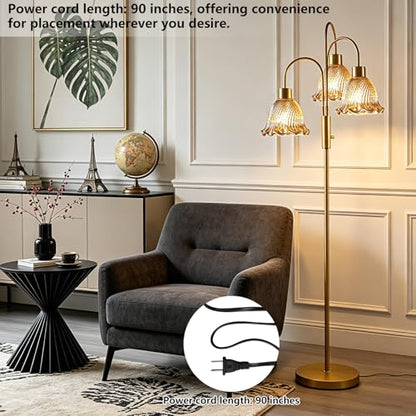 Glass Floor Lamp 3-Light 70" Amber Flower Gold Dimmable Tall Standing Lamps - color: Amber Flower-Gold