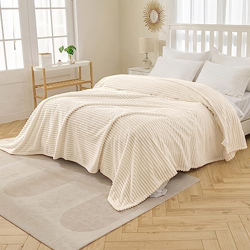 MIULEE Fleece Blanket King Size 90"x108" 300GSM Super Soft Lightweight Plush Striped, Cream White Warm Cozy Breathable Ribbed Blanket for Bed/Sofa/Couch - color: Cream White, size: 90"x108"