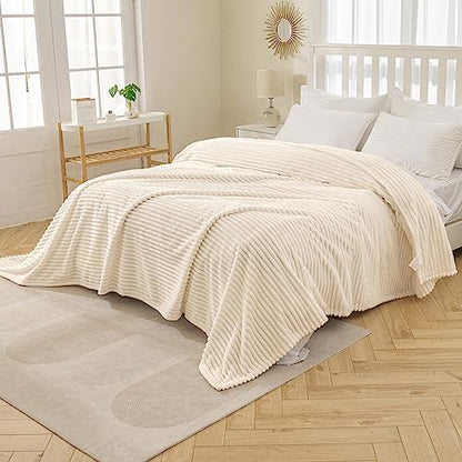 MIULEE Fleece Blanket King Size 90"x108" 300GSM Super Soft Lightweight Plush Striped, Cream White Warm Cozy Breathable Ribbed Blanket for Bed/Sofa/Couch - color: Cream White, size: 90"x108"