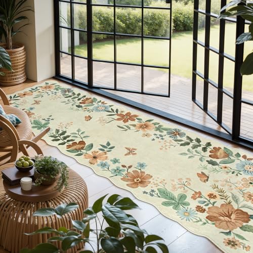 Lahome Floral Washable Runner Rug, 2'6''x8' Soft Hallway Rug Non Slip - color: Beige, size: 2.6' x 8'(Runner)