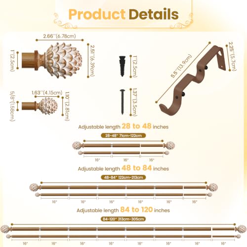 1" Double Layered Curtain Rod, Imitation Woodgrain, 28"-84" - color: Wood, size: 28"-84"