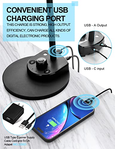BOHON LED Desk Lamp with USB Charging Port 3 Color Modes Dimmable, Black - color: Matt Black