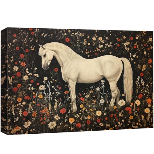wall26 Canvas Print Wall Art White Horse in Wildflower Meadow Dark Background Botanical Animal Digital Art Realism Rustic Scenic Nature Photography Colorful for Living Room, Bedroom, Office - 12"x18" - color: A25-2605-M23, size: 18"L x 12"W