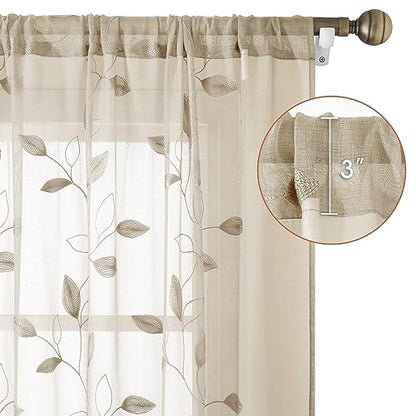 HOMEIDEAS Taupe Kitchen Sheer Curtains Leaf Embroidered, 52x45, 2 Panels - color: 2-taupe/Beige, size: 52"W x 45"L (Pack of 2)
