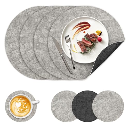NCUE 13" Faux Leather Round Placemats Set of 4, Reversible Dual-Color - color: Deep Gray Light Gray
