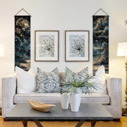 AHANDMAKER Pack of 2 Starry Sky Tapestry, Retro Moon and Stars Vertical Long Aesthetic Celestial Tapestry Doorway Curtain Tassel Wall Hanging for Bedroom Living Room, 13 x 51 Inch - color: Starry Sky