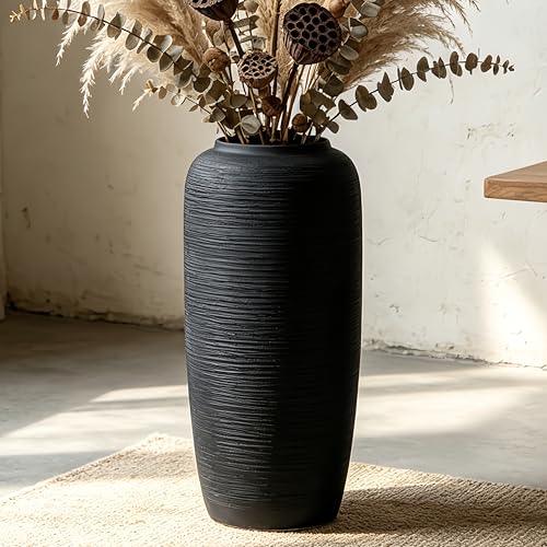Black Rustic Ceramic Floor Vase, 15.7 Inch, Ribbed Texture - size: 15.7 Inch