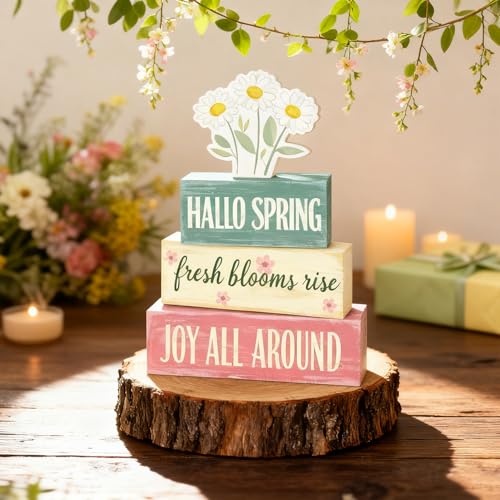 Spring Decoration Wooden Tiered Tray Decor – Rustic Hallo Spring Stacked Block Sign with Daisy Flower Topper – Farmhouse Tabletop Spring Decor for Living Room Shelf Kitchen Coffee Bar Seasonal Home Display - style: Hallo Spring