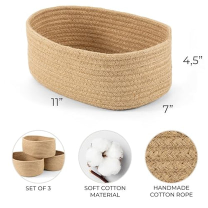 Beautiful Storage Basket Set of 3 - Sturdy Jute Rope Baskets for Shelves - color: Jute-Brown