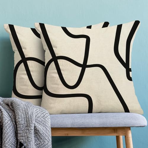 Boho Abstract Black Beige Art Line Pillow Covers 16x16 Set of 2 - color: Black Art Line-q, size: 16" x 16" (Pack of 2)