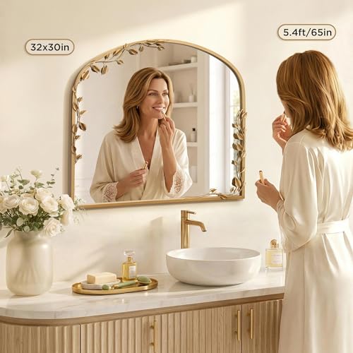 Besdomus Arched Wall Decorative Mirror: 32"x30" Ornate Brass Gold Mirror - size: 32"L x 30"W