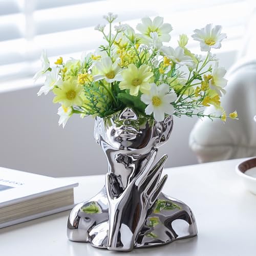 BrownLove Silver Ceramic Face Vase, Modern Silver Decorative Art Vase, Bookshelf Placed On The Desktop, Small Living Room, Office and Bedroom - style: Silver-Charming
