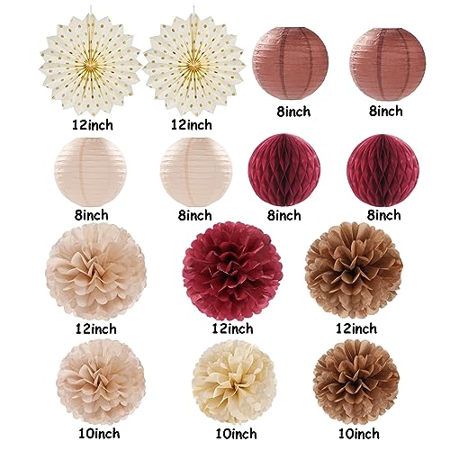 Brown Burgundy Champagne Boho Party-Decorations - 14pcs Rustic Wedding Paper Lanterns Fan,Tissue Pom Poms Streamers,Honeycomb,Fall Autumn Birthday Baby Bridal Shower Engagement Decor Lasting Surprise - color: Coffee Burgundy Beige Grey
