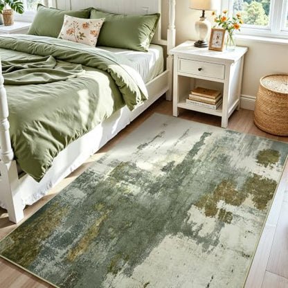 Kelarea Washable Area Rug 4x6, Non-Slip Low Pile Abstract Green - color: Green, size: 4' x 6' (Rectangular)