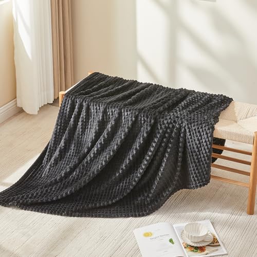 EMME Fleece Blanket, 3D Jacquard Throw Blanket for Couch and Bed, Soft Cozy and Fluffy Blankets Lightweight Luxury Flannel with Geometric Grid Design (Black, 80" x 90") - color: 20-grid-black, size: Queen