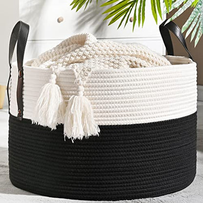 KAKAMAY Large Blanket Basket (20"x13"),Woven Baskets for storage Baby Laundry Hamper, Cotton Rope Blanket Basket for Living Room, Laundry, Nursery, Pillows, Baby Toy chest (White/Black) - color: White and Black