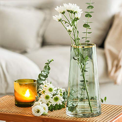10“ Green Glass Vase with Gold Mouth for Centerpieces Home Wedding Decoration - size: Large