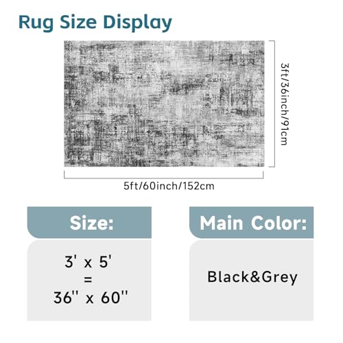 3x5 Rug Washable Runner for Entryway: Abstract Neutral Soft Area Rug Black - color: Black, size: 3' x 5' (Rectangular)
