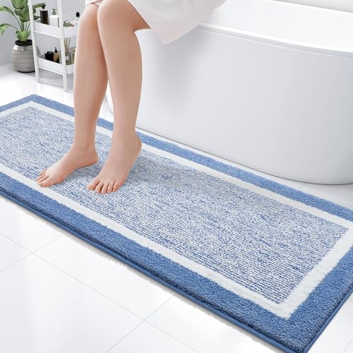 OLANLY Bathroom Runner Rugs 59x20, Extra Long Bath Mats for Bathroom, Blue - color: Blue and White, size: 59" X 20"
