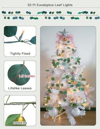 suddus 33FT 100LED Eucalyptus Garland Vines with Lights Plug in Clear Wire - color: Eucalyptus, size: 100 LED-Plug