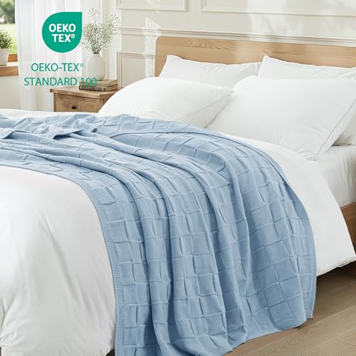 Whale Flotilla Checkered Knit Throw Blanket for Couch, Blue - color: Blue, size: 50x60 Inch