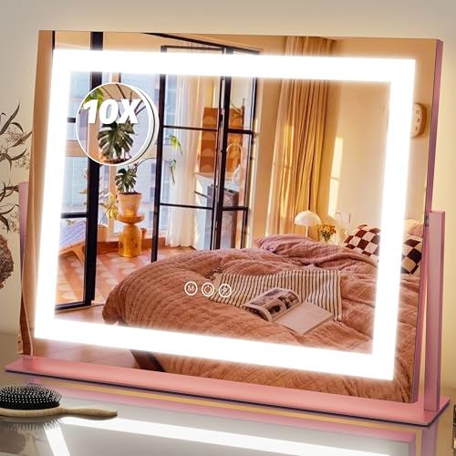 FENNIO Vanity Mirror with Lights 22''x18'' Makeup Mirror with Lights,Lighted Makeup Mirror with 10X Magnification，Smart Touch Screen with 3-Color Lighting,Dimmable（Square Pink） - color: Pink, size: 22"L x 18"W