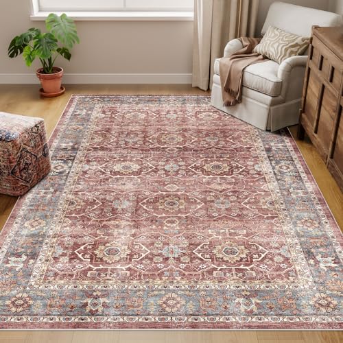 Dripex Vintage 5x7 Area Rugs - Large Washable Area Rug for Living Room Bedroom Oriental Medallion Floral Print Floor Carpet Low-Pile Indoor Soft Non-Slip Accent Rug Farmhouse Home Office Decor - color: Brick/Blue, size: 5' x 7' (Rectangular)